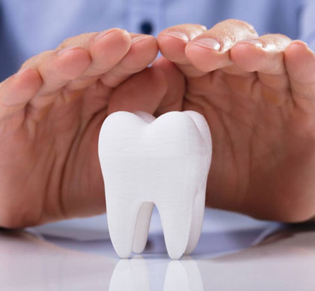 Hands forming heart shape around white tooth model on dental office table