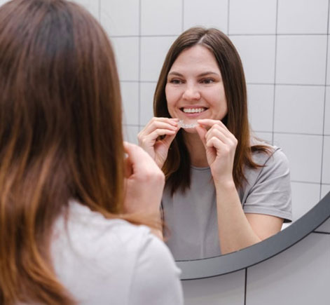 Woman flossing teeth at bathroom mirror with white tile background