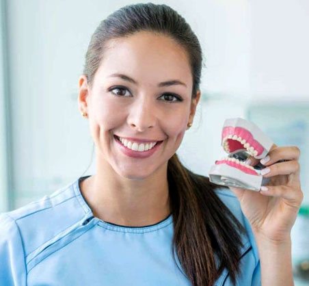 Smiling dental professional in blue scrubs holding orthodontic braces model in clinical setting.