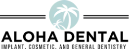 Aloha Dental logo featuring palm tree icon and text for implant, cosmetic, and general dentistry.