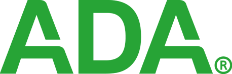 ADA logo in green with registered trademark symbol for dental organization.